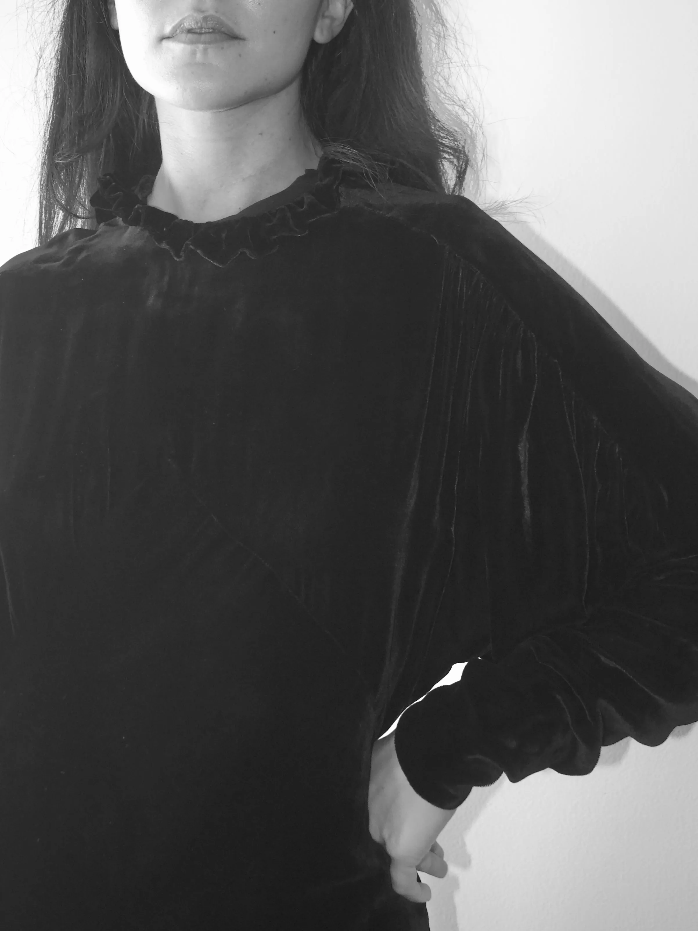 1930s Inky Black High Neck Silk Velvet Dolman Sleeve Keyhole Gown