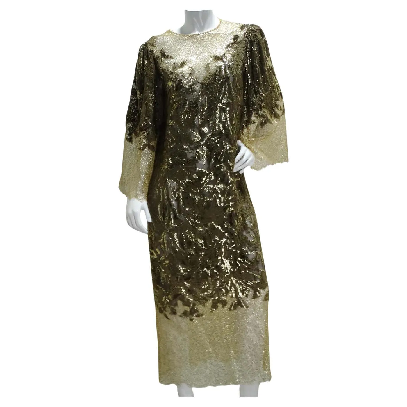 1980s Metallic Gold Velvet Lace Dress