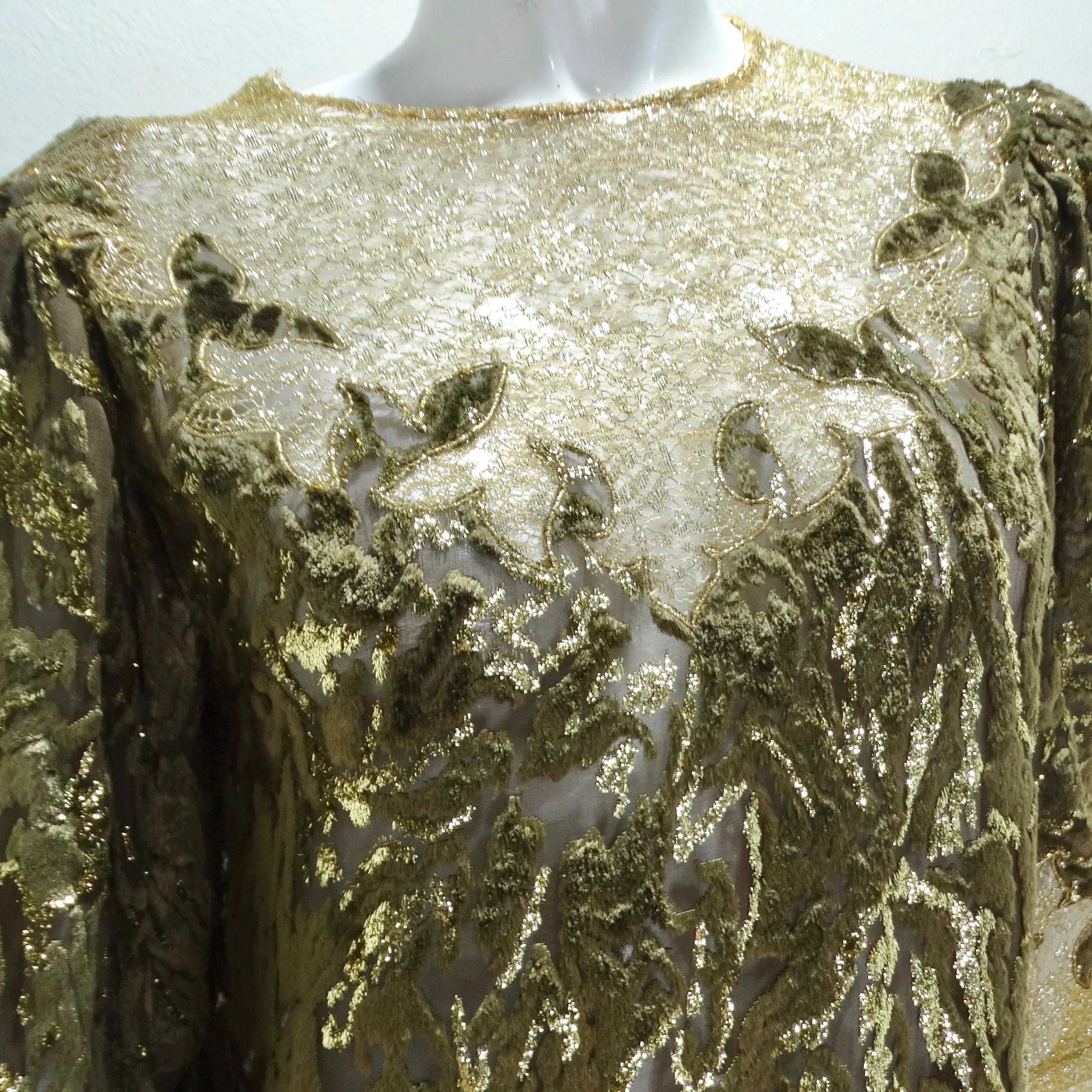 1980s Metallic Gold Velvet Lace Dress
