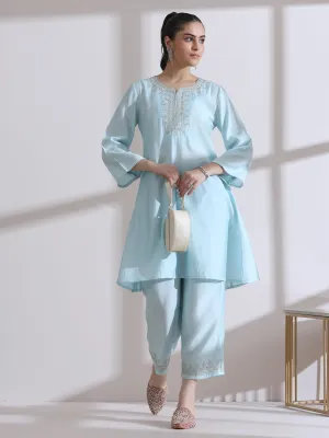 2 Pc Set - Airskin Light Blue Kurta With Embroidery On Top And Pants