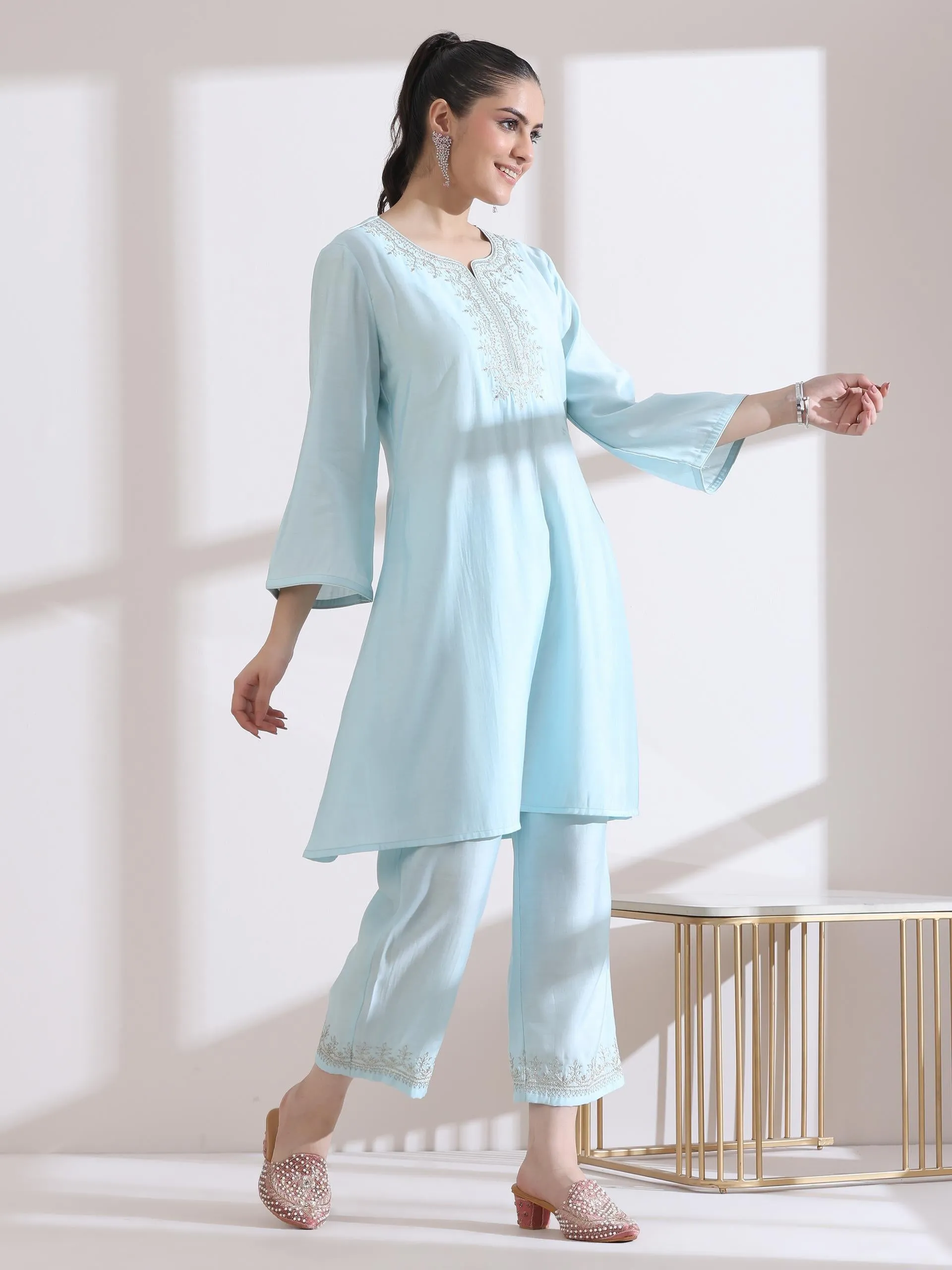 2 Pc Set - Airskin Light Blue Kurta With Embroidery On Top And Pants