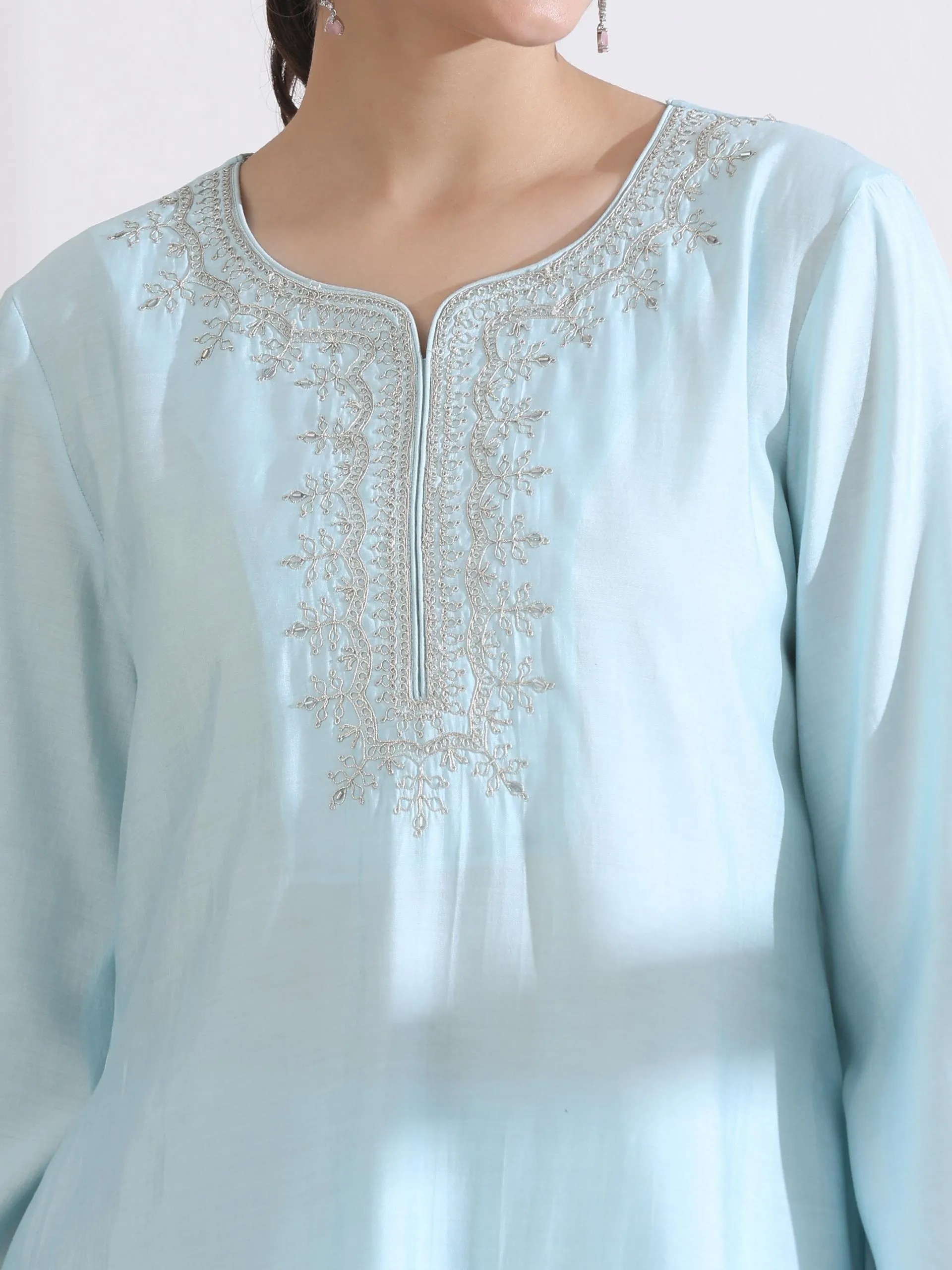 2 Pc Set - Airskin Light Blue Kurta With Embroidery On Top And Pants
