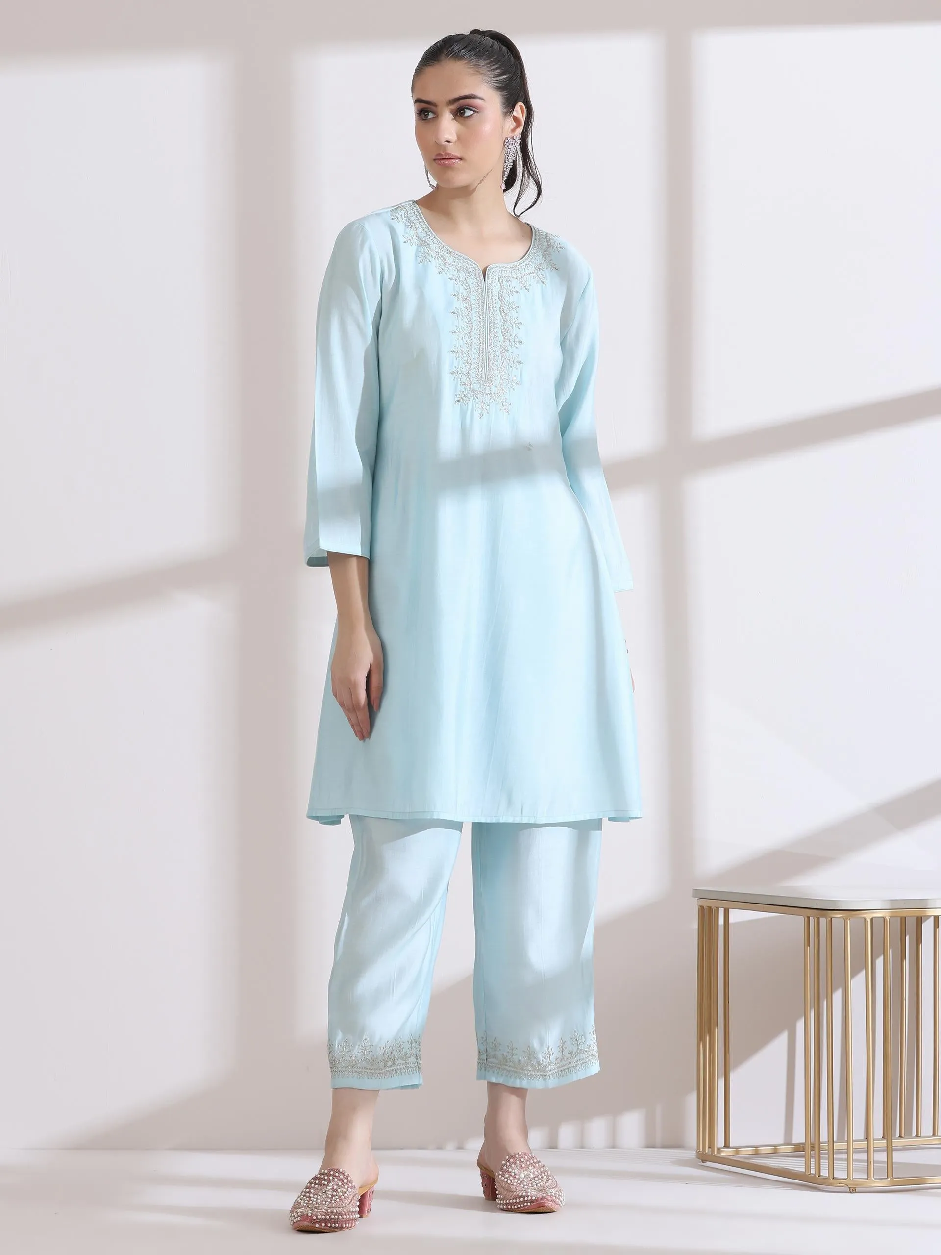 2 Pc Set - Airskin Light Blue Kurta With Embroidery On Top And Pants