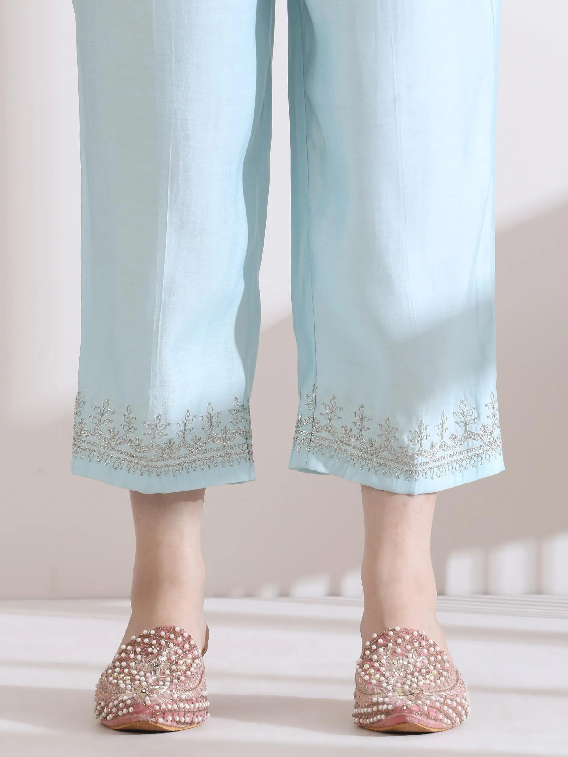 2 Pc Set - Airskin Light Blue Kurta With Embroidery On Top And Pants