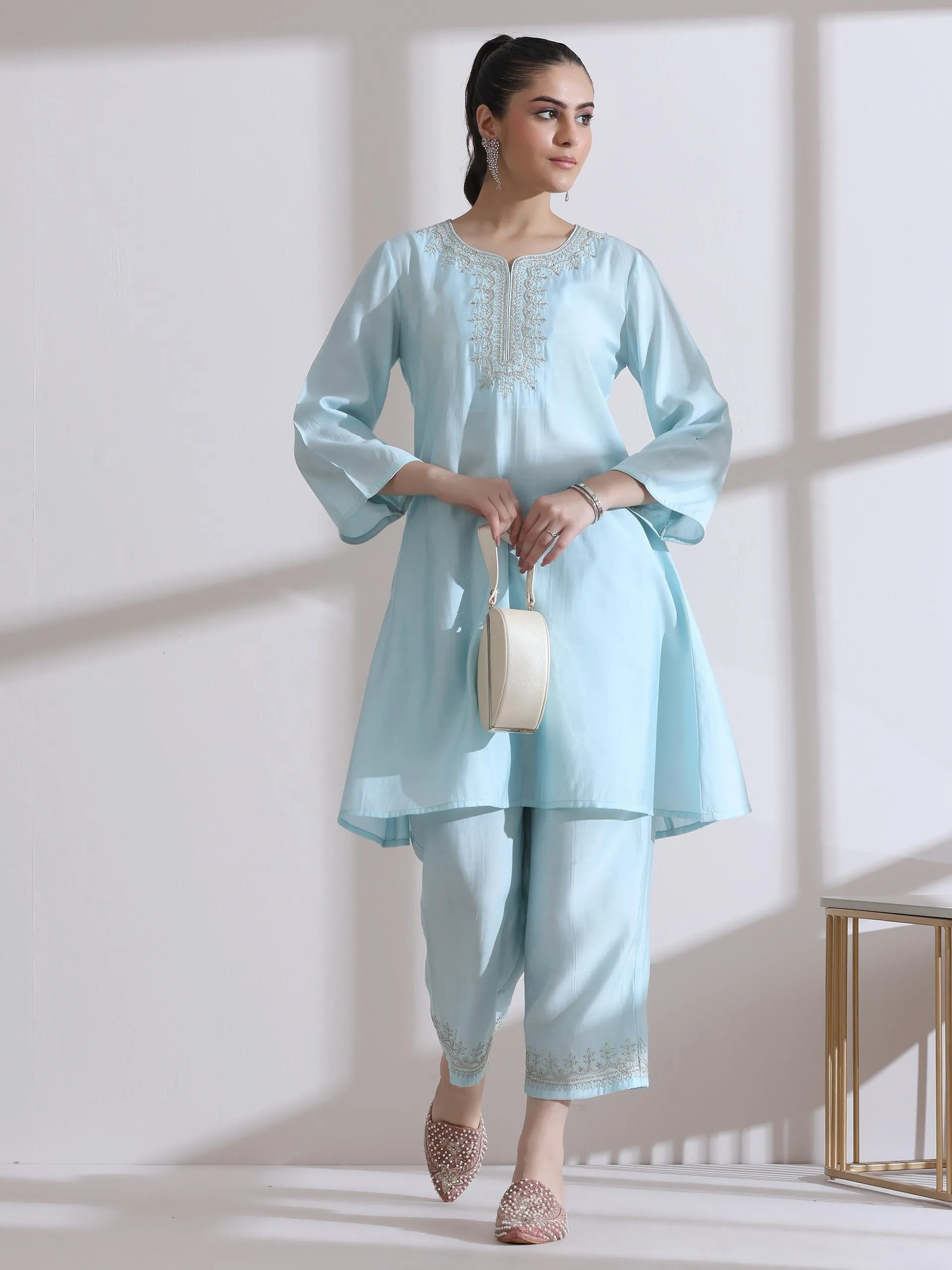 2 Pc Set - Airskin Light Blue Kurta With Embroidery On Top And Pants