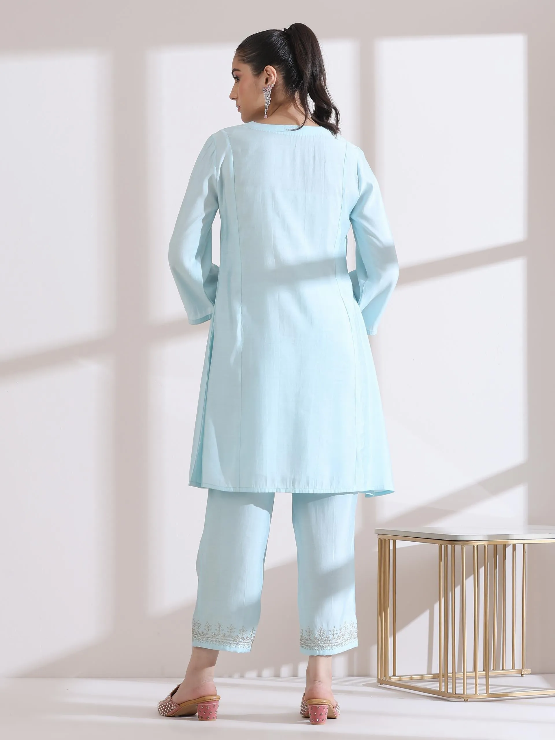 2 Pc Set - Airskin Light Blue Kurta With Embroidery On Top And Pants