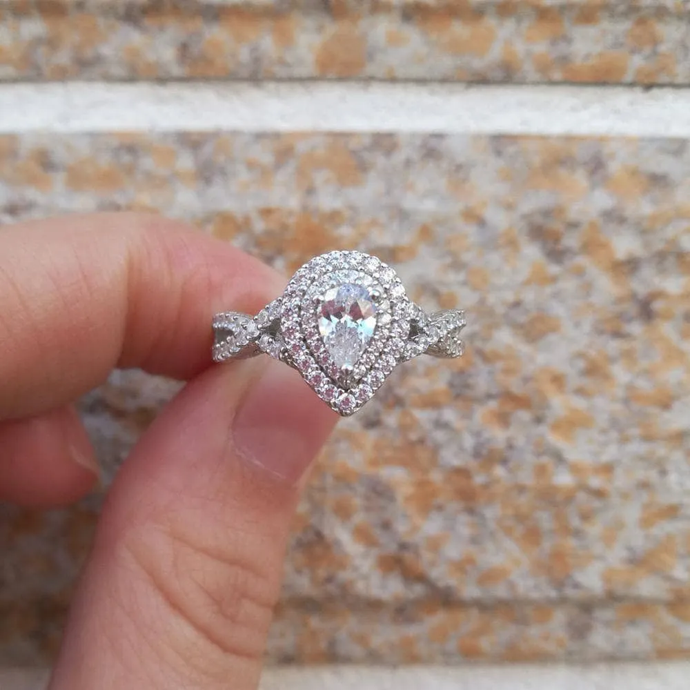 2 Pcs Halo Pear Cut Created Diamond Engagement Ring