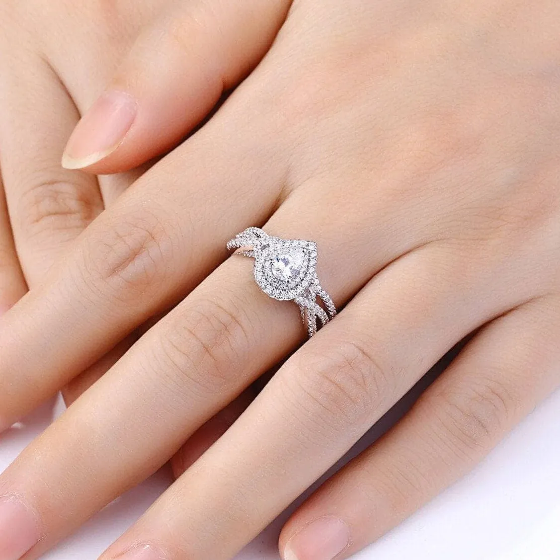 2 Pcs Halo Pear Cut Created Diamond Engagement Ring