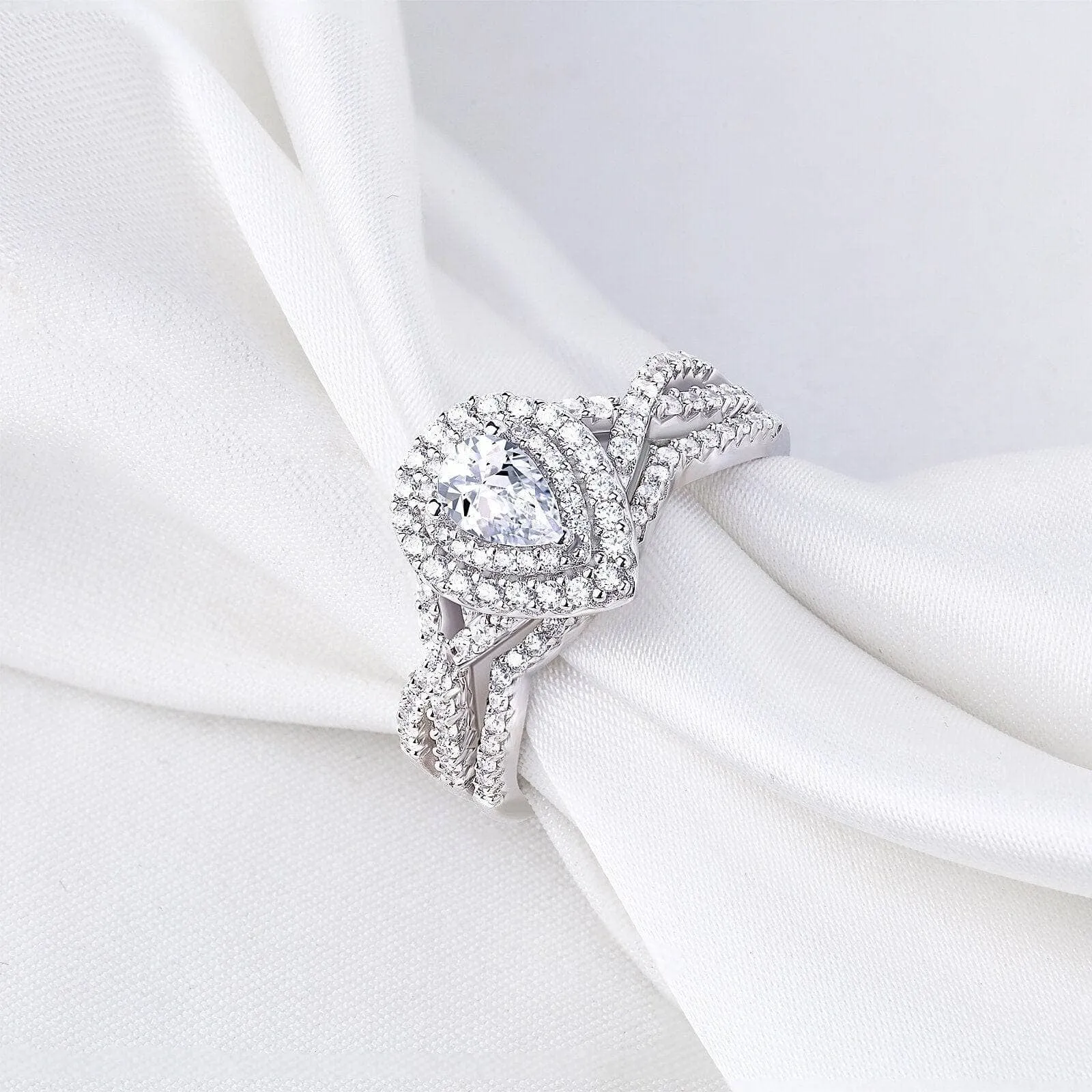 2 Pcs Halo Pear Cut Created Diamond Engagement Ring