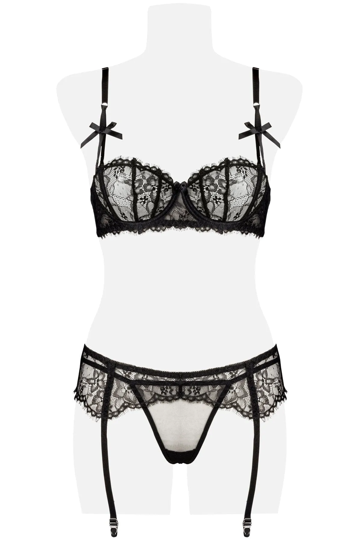 3 Piece Suspender Balconette Bra W/Bows And Garter Set