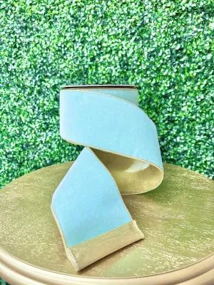 4” Light Blue Velvet Ribbon w/ Gold Backing~ Tiffany Blue Velvet Ribbon ~ Wired ~ 10 yards