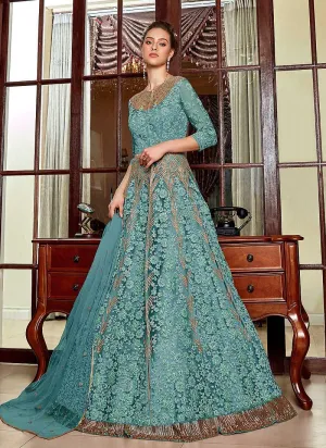 Aqua Blue Heavy Embroidered Lehenga/ Pant Style Anarkali