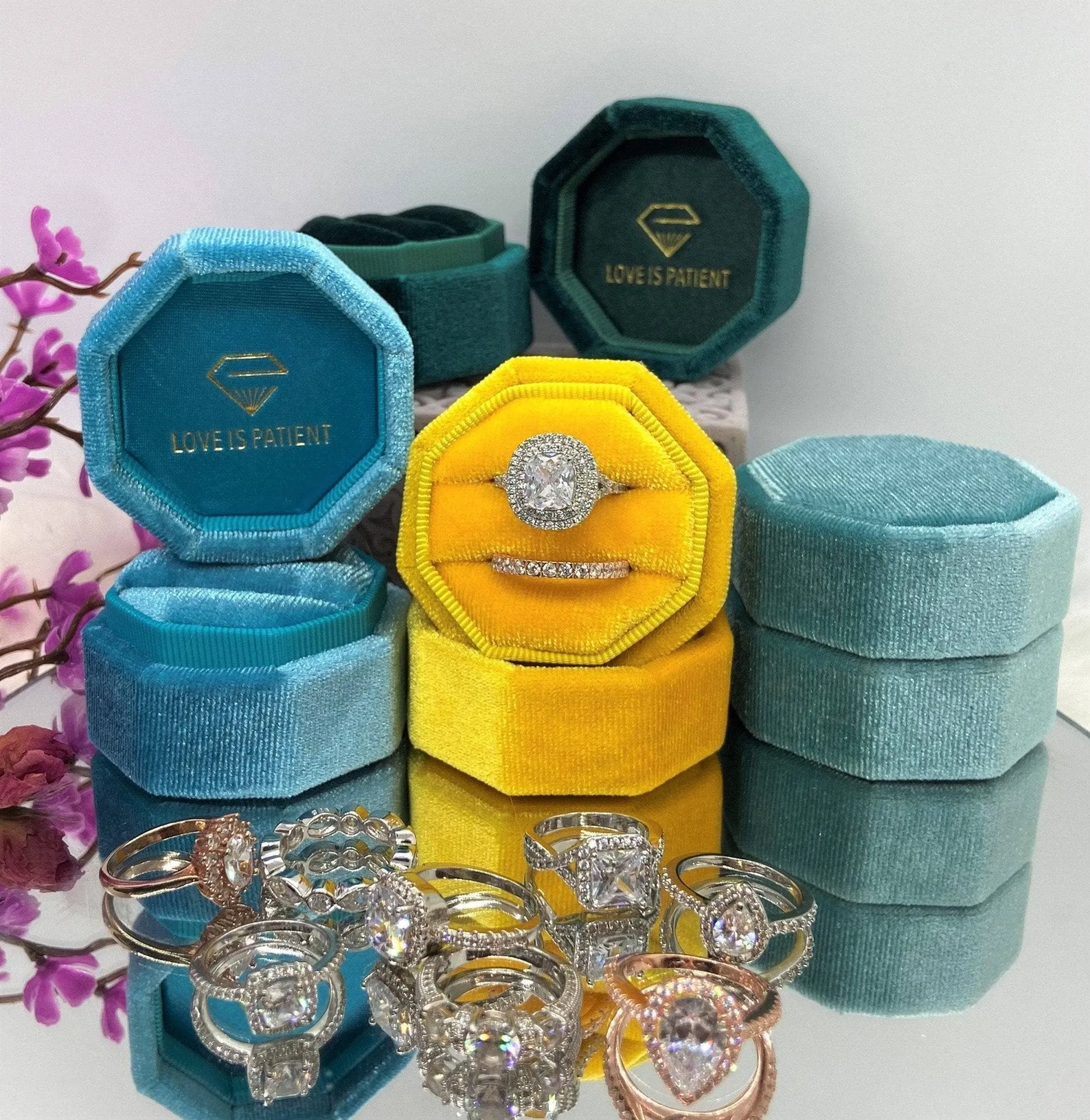 Aqua Blue Love Is Patient Double Ring Slots Octagon Velvet Ring Box