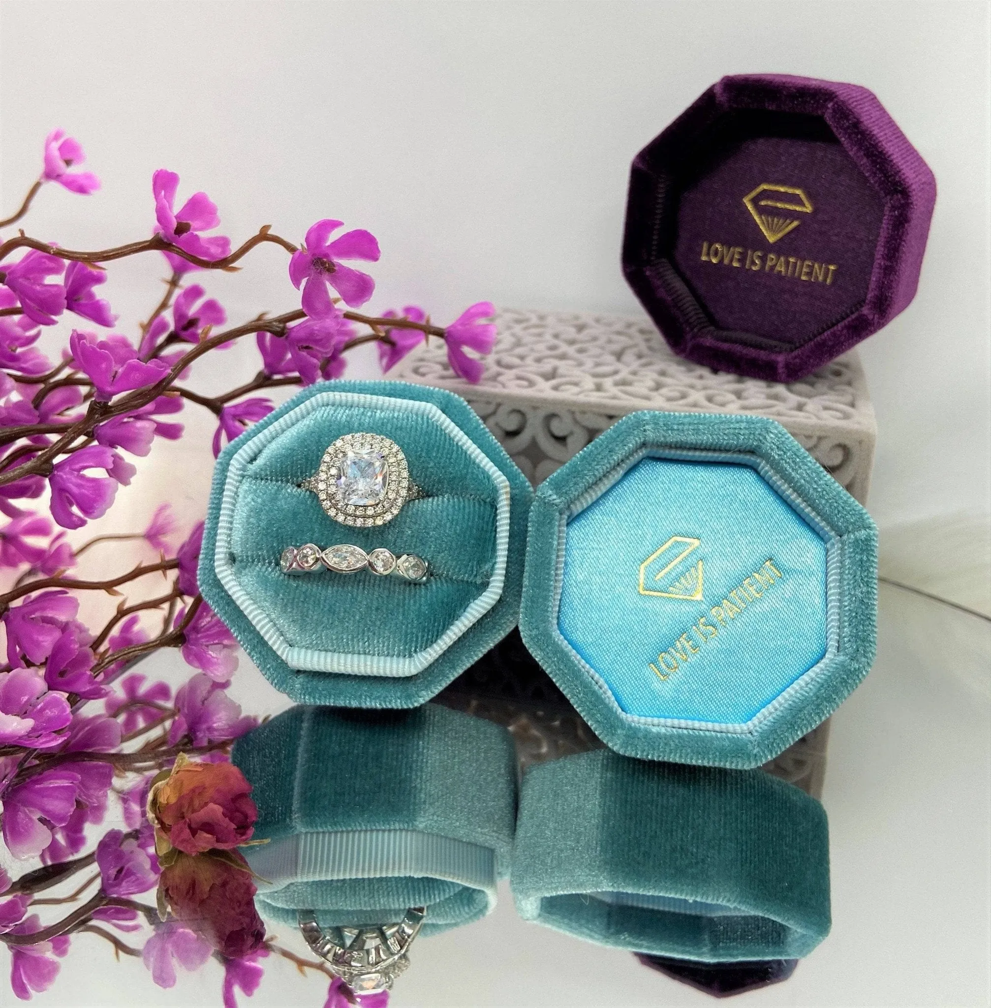Aqua Blue Love Is Patient Double Ring Slots Octagon Velvet Ring Box