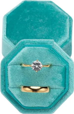 Aqua Blue Love Is Patient Double Ring Slots Octagon Velvet Ring Box