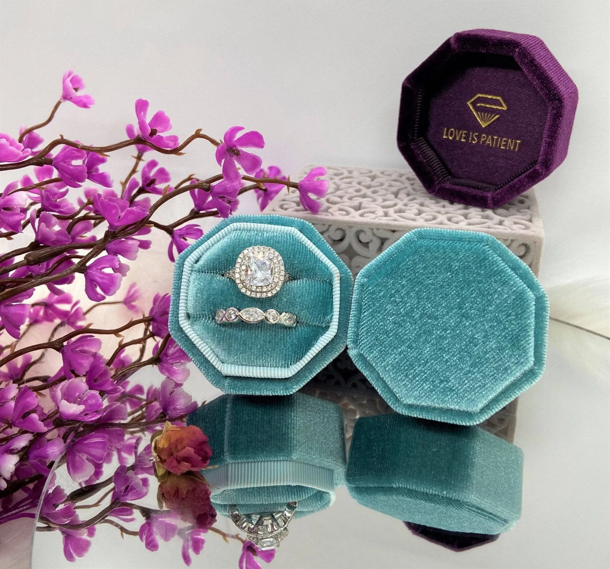 Aqua Blue Love Is Patient Double Ring Slots Octagon Velvet Ring Box