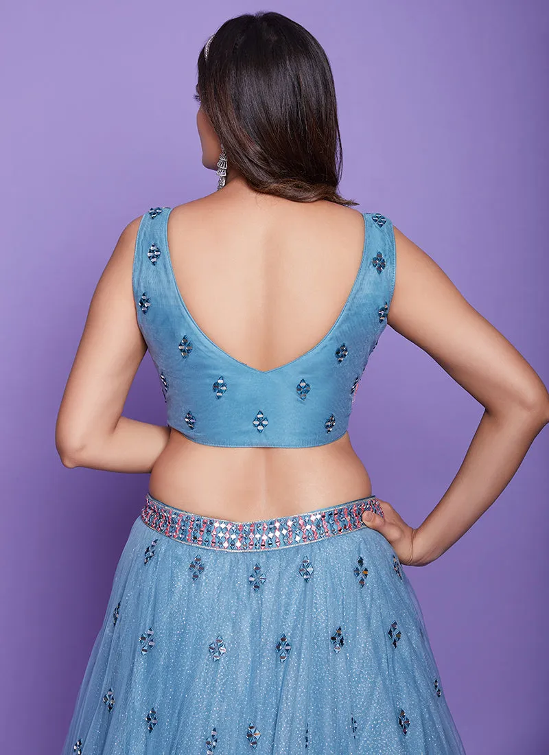 Aqua Blue Mirror Work Embroidery Wedding Lehenga Choli