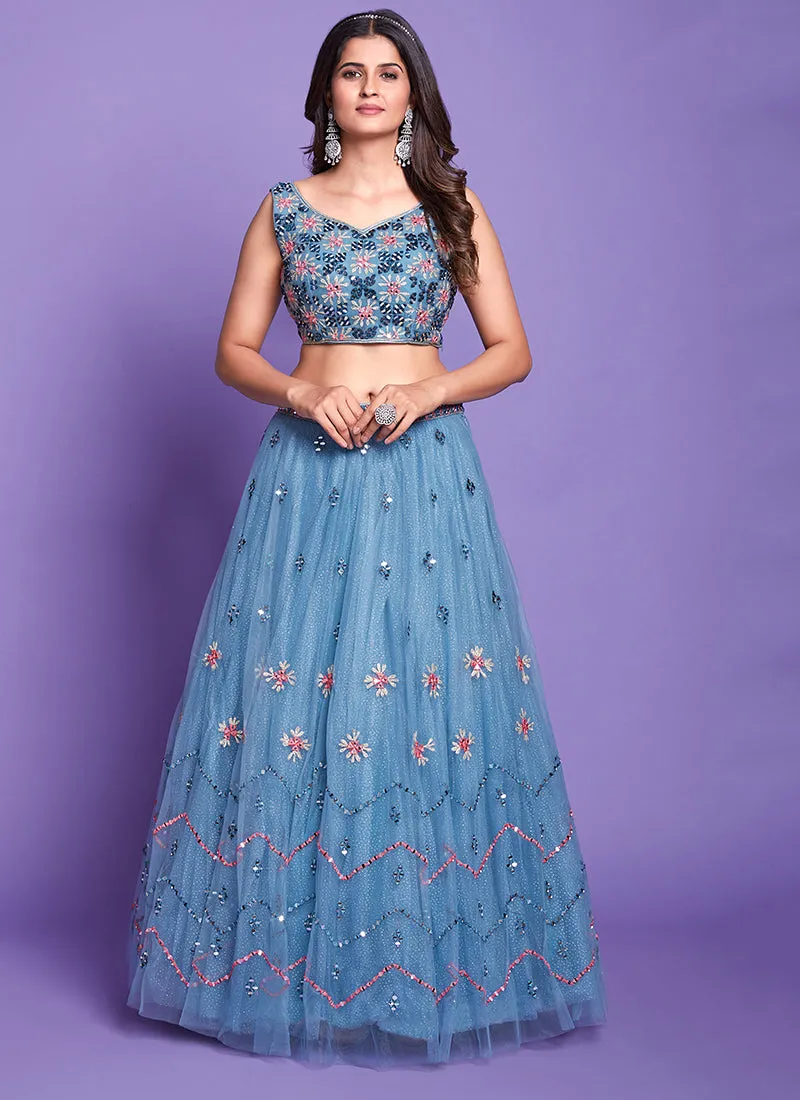 Aqua Blue Mirror Work Embroidery Wedding Lehenga Choli