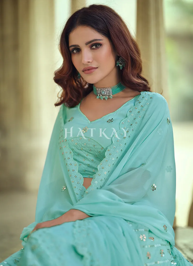 Aqua Blue Sequence Embroidered Wedding Lehenga Choli