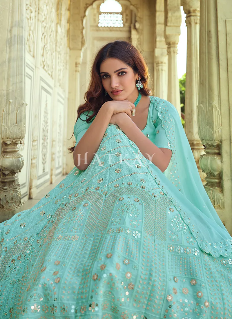 Aqua Blue Sequence Embroidered Wedding Lehenga Choli