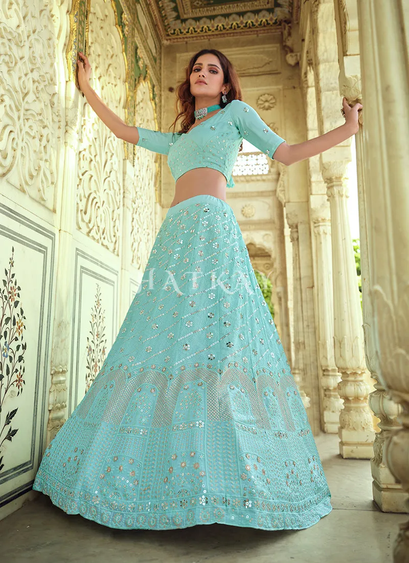 Aqua Blue Sequence Embroidered Wedding Lehenga Choli