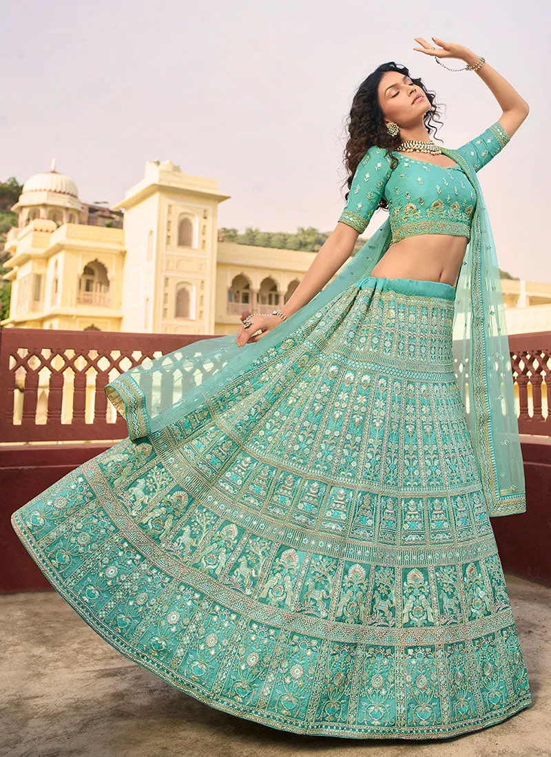 Aqua Blue Traditional Embroidered Organza Lehenga Choli