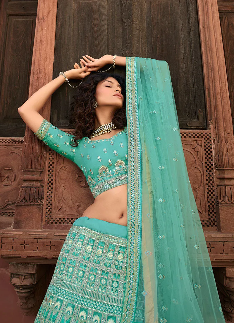 Aqua Blue Traditional Embroidered Organza Lehenga Choli