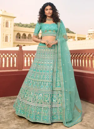 Aqua Blue Traditional Embroidered Organza Lehenga Choli
