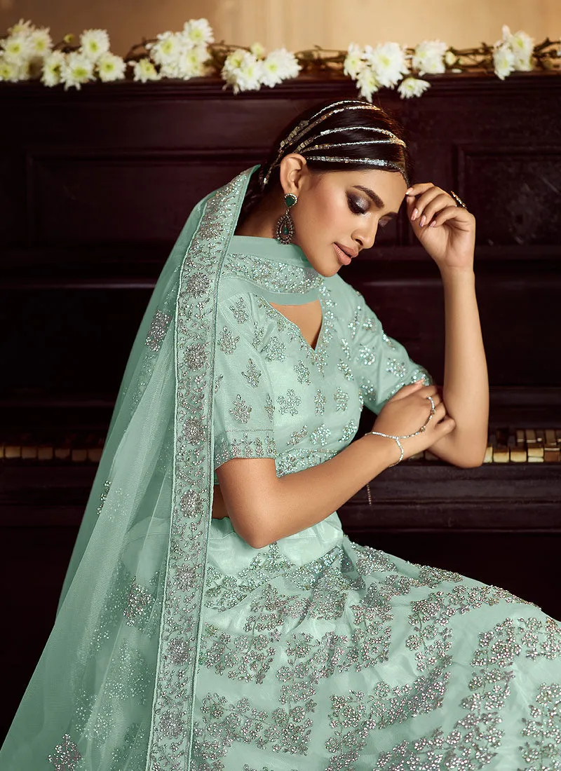 Aqua Blue Wedding Lehenga Choli With Handwork Embroidery