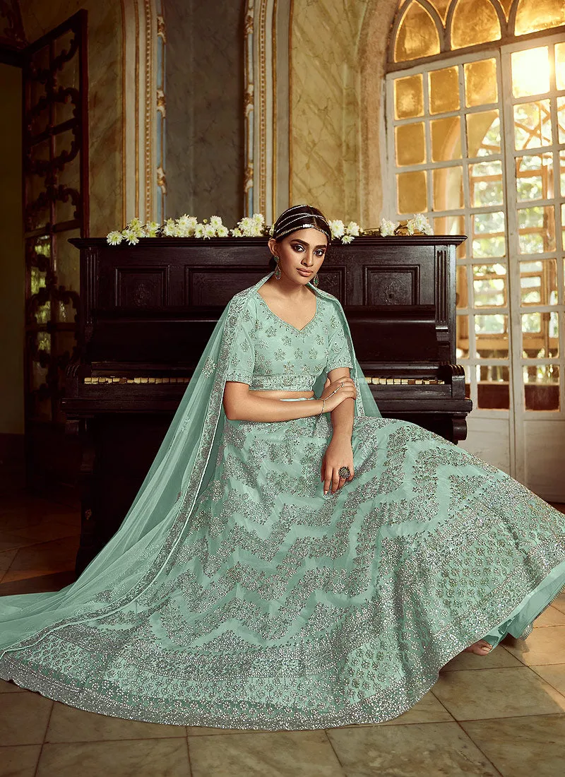 Aqua Blue Wedding Lehenga Choli With Handwork Embroidery