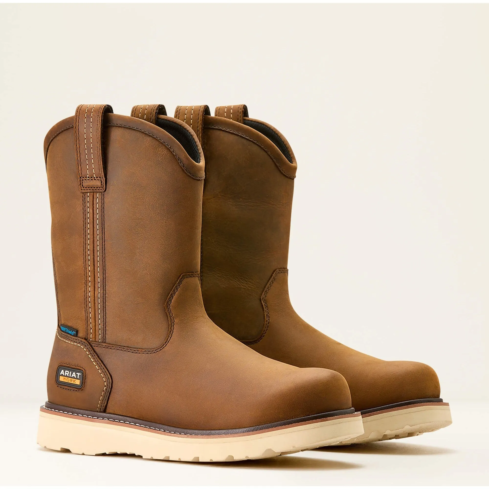 Ariat Men's Rebar 10" Soft Toe WP Pull-On Wedge Work Boot- Brown- 10053612