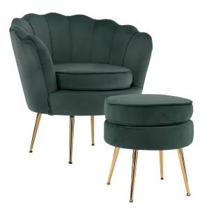Armchair Lounge Chair Accent Velvet Shell Scallop   Ottoman Footstool Round GREEN