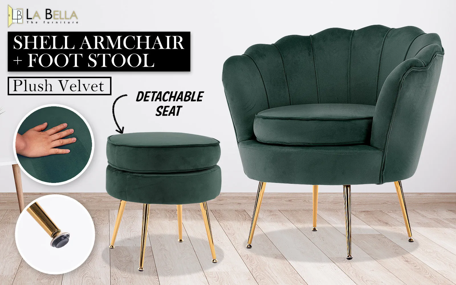 Armchair Lounge Chair Accent Velvet Shell Scallop   Ottoman Footstool Round GREEN