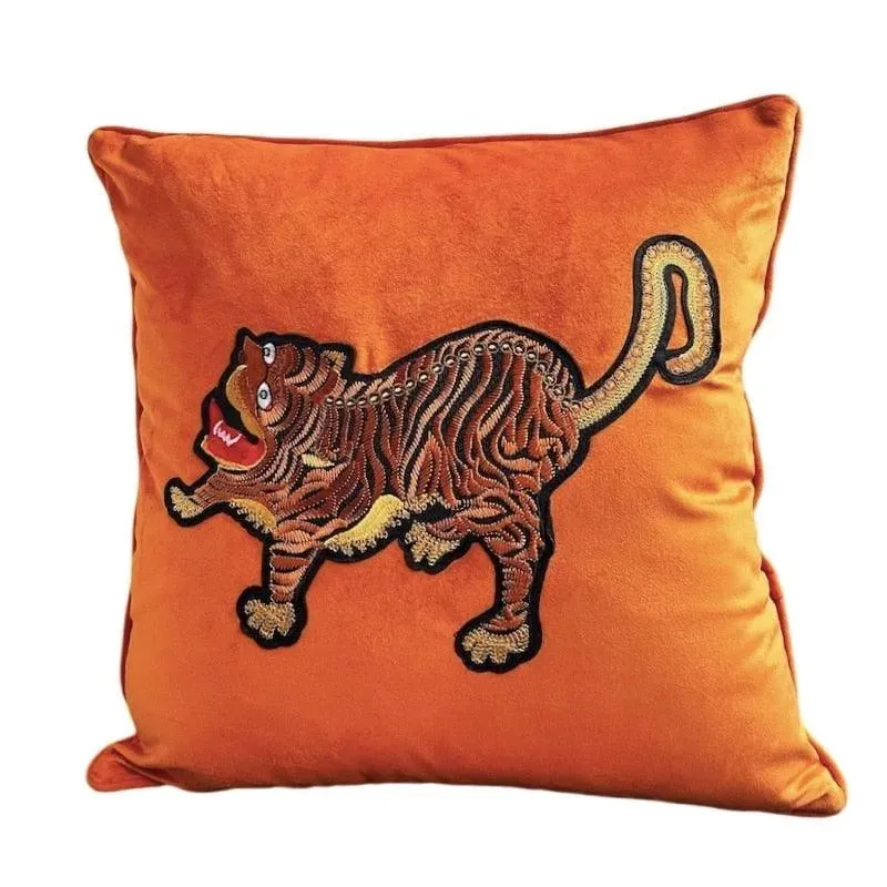 Asian Tiger Orange Velvet Throw Pillow Cover