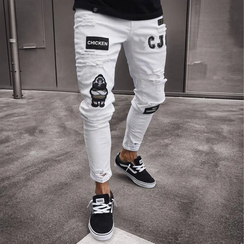 Badge Pencil Pants Mid Waisted Jeans Skinny Men's Ripped Jeans