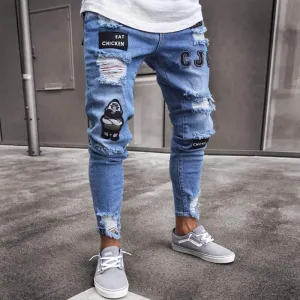 Badge Pencil Pants Mid Waisted Jeans Skinny Men's Ripped Jeans