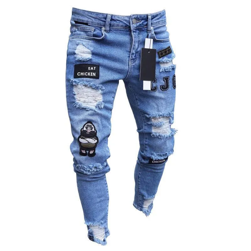 Badge Pencil Pants Mid Waisted Jeans Skinny Men's Ripped Jeans