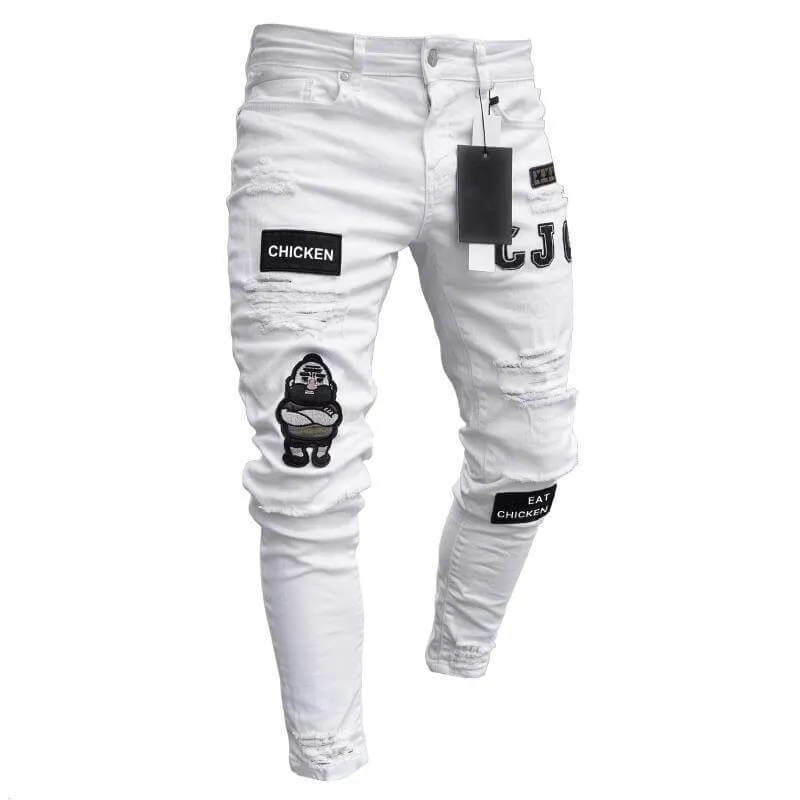 Badge Pencil Pants Mid Waisted Jeans Skinny Men's Ripped Jeans