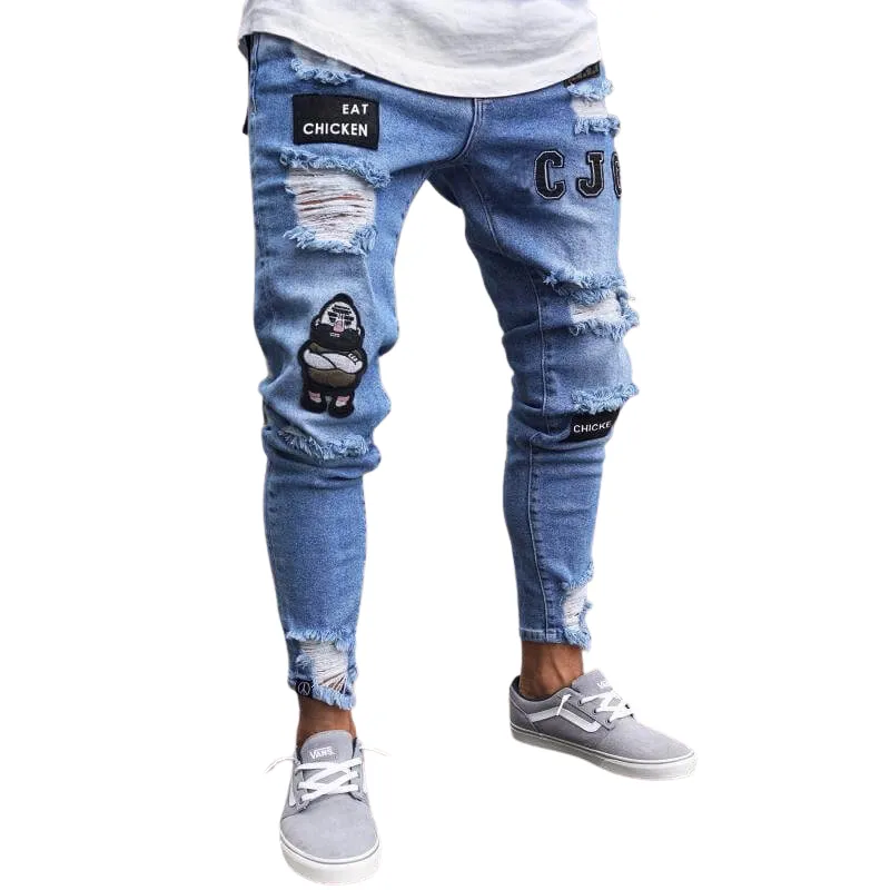 Badge Pencil Pants Mid Waisted Jeans Skinny Men's Ripped Jeans