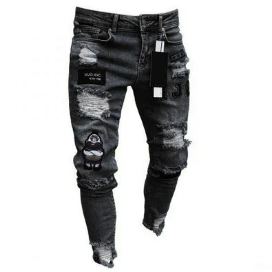 Badge Pencil Pants Mid Waisted Jeans Skinny Men's Ripped Jeans