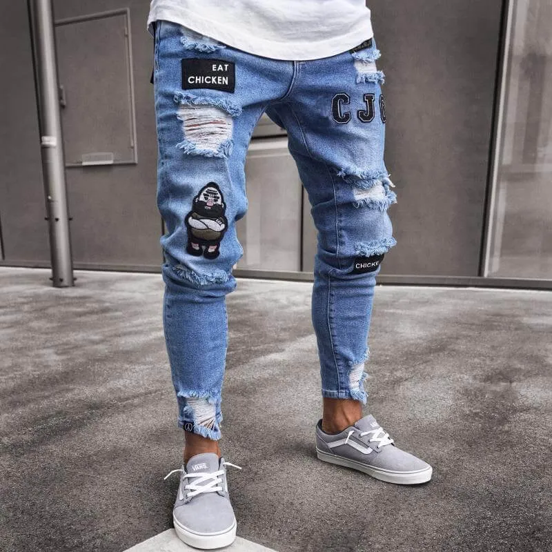 Badge Pencil Pants Mid Waisted Jeans Skinny Men's Ripped Jeans
