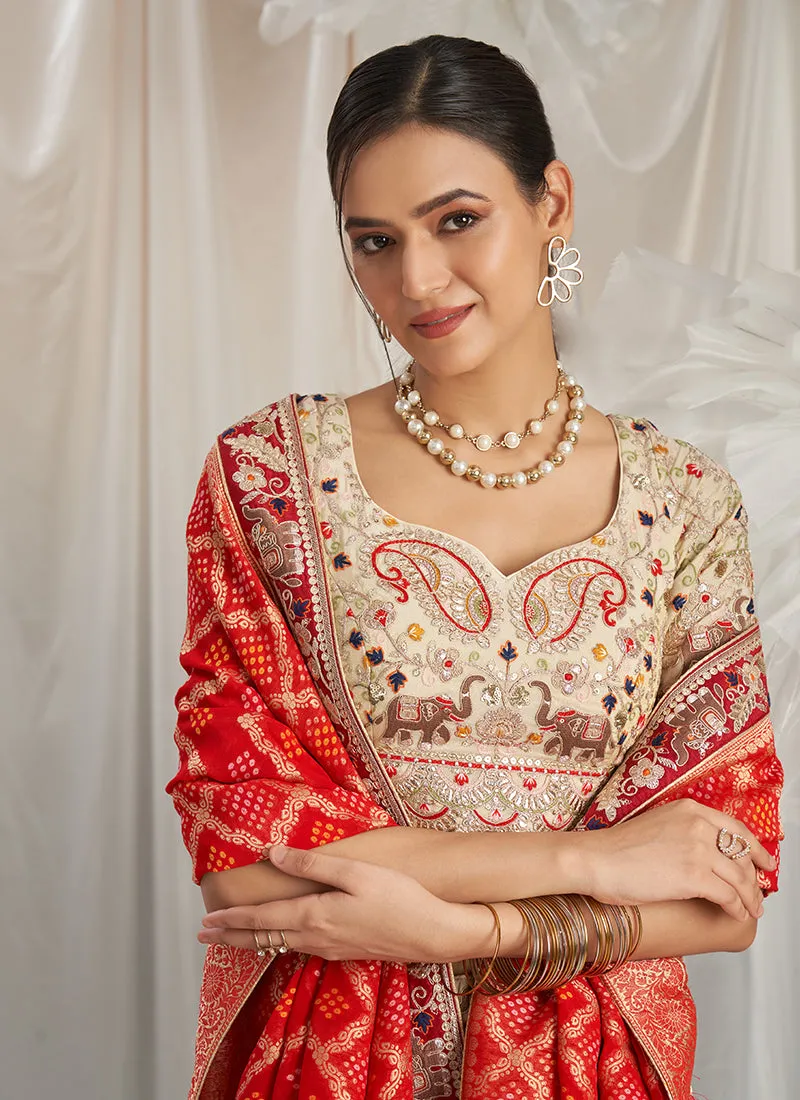 Beige And Red Multi Embroidery Bridal Lehenga Choli