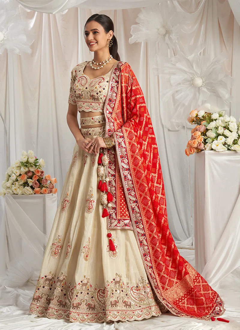 Beige And Red Multi Embroidery Bridal Lehenga Choli