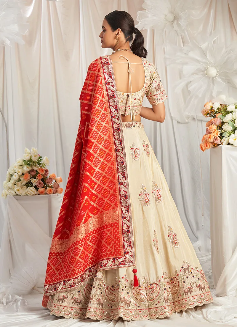 Beige And Red Multi Embroidery Bridal Lehenga Choli