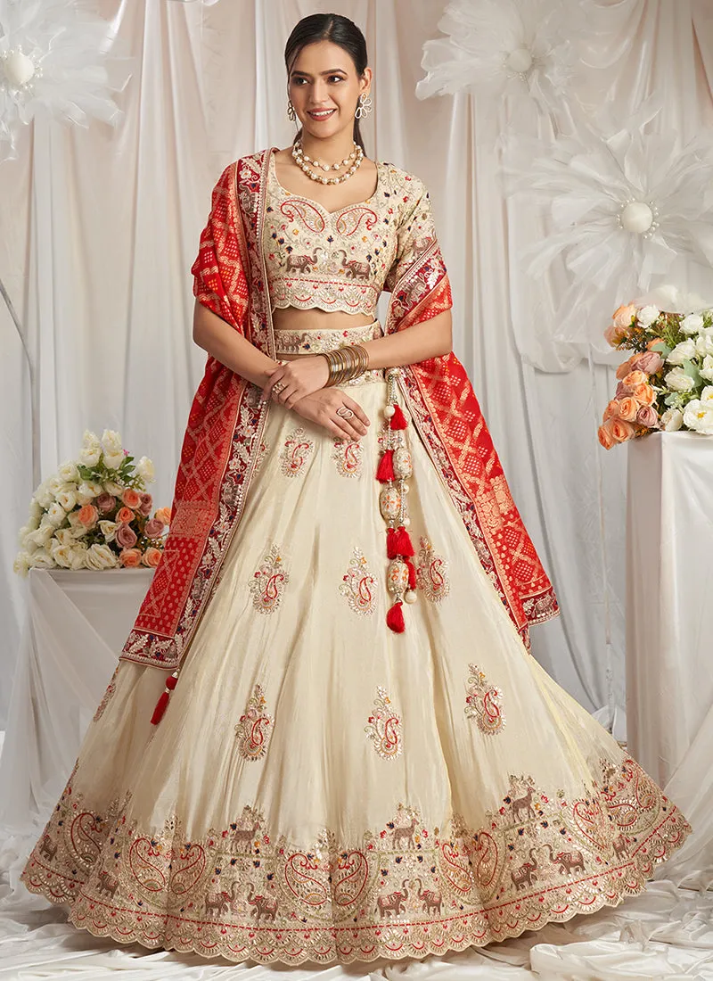Beige And Red Multi Embroidery Bridal Lehenga Choli