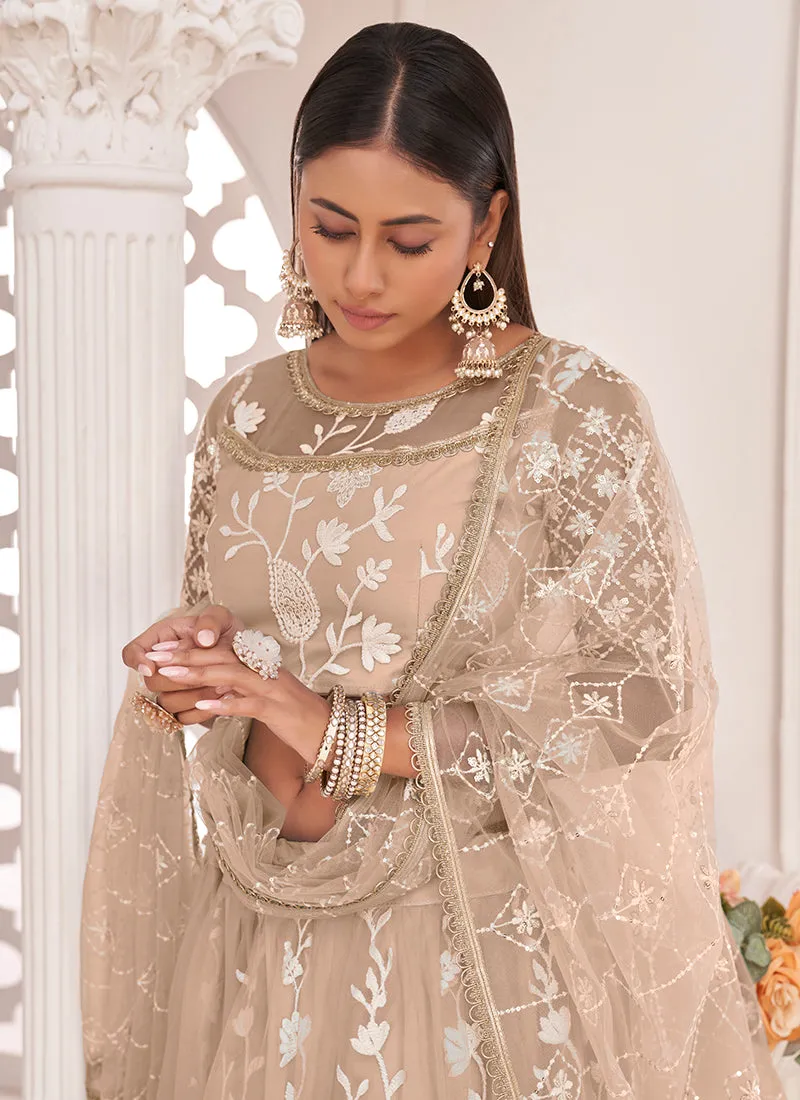 Beige Brown Traditional Embroidered Wedding Lehenga Choli