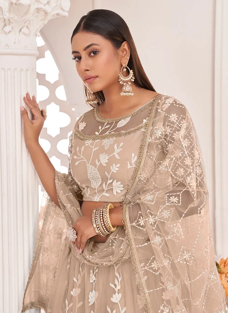 Beige Brown Traditional Embroidered Wedding Lehenga Choli