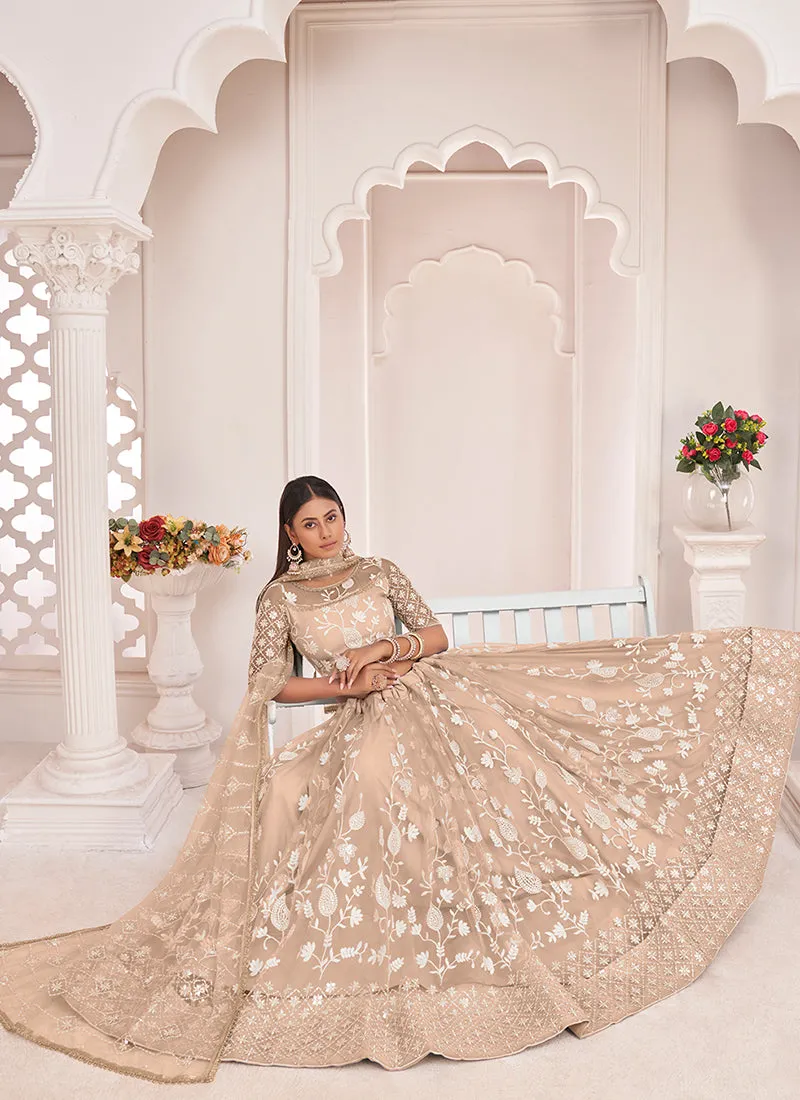 Beige Brown Traditional Embroidered Wedding Lehenga Choli