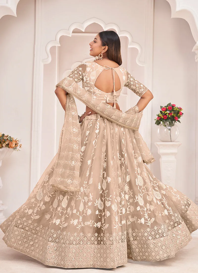 Beige Brown Traditional Embroidered Wedding Lehenga Choli