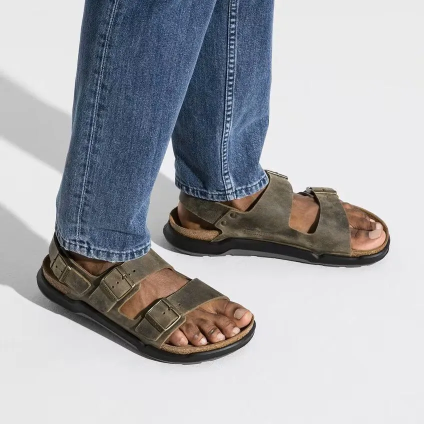 Birkenstock Milano Rugged Sandals - Faded Khaki Oiled Leather | Polyurethane Sole